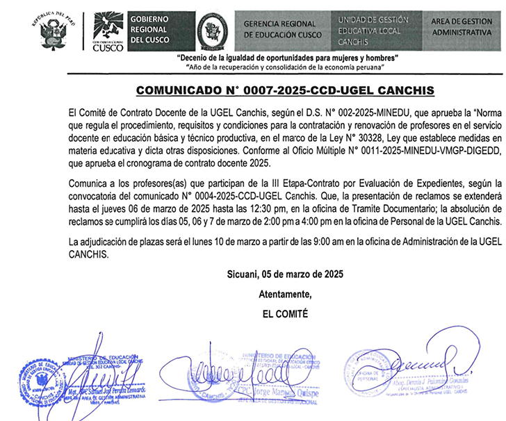 COMUNICADO N° 0007-2025-Comité de Contrato Docente de la UGEL Canchis